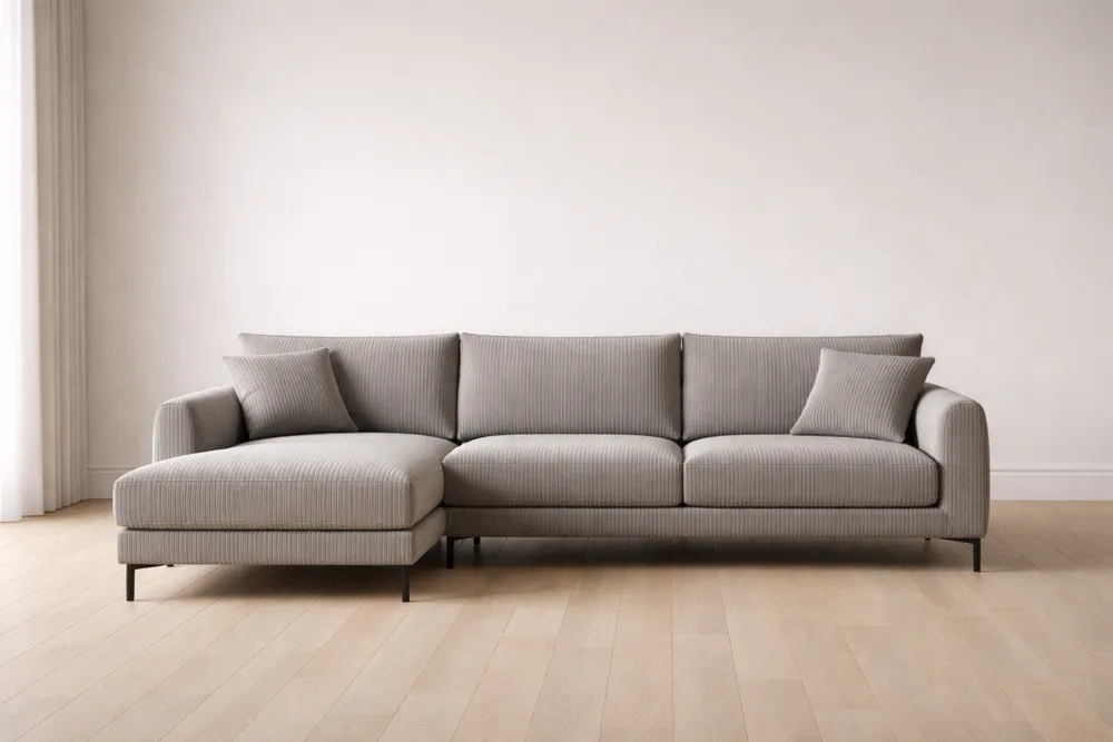 Canapé d'angle en tissu polyester avec pieds métalliques 290x150x85 cm