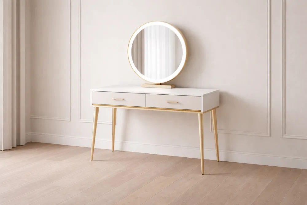 Coiffeuse avec miroir rond éclairant en bois et métal doré