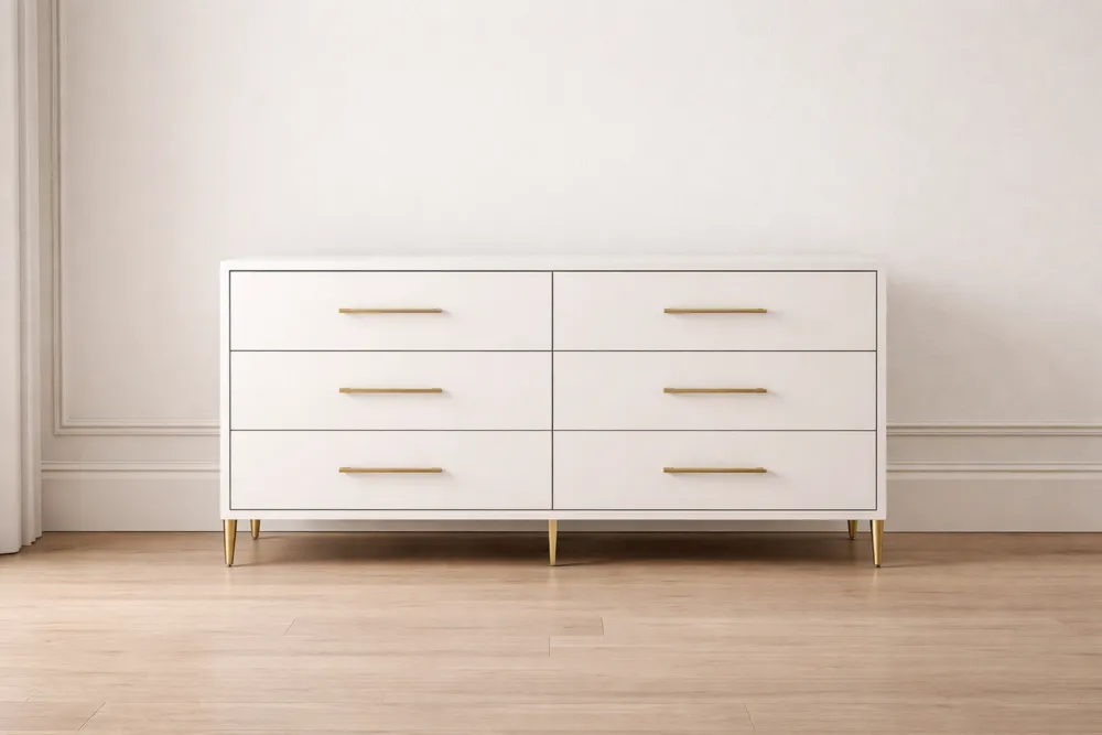Commode 6 tiroirs MDF avec poignées en métal Blanc/Doré