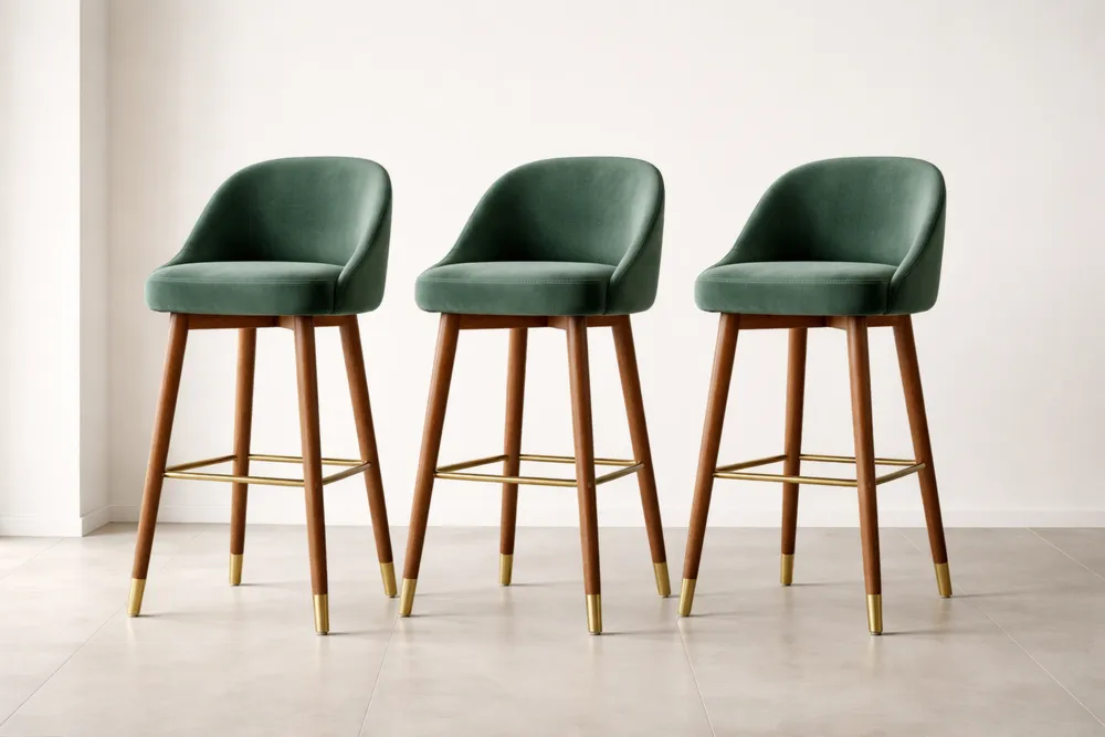 Lot de 3 Tabourets de Bar en Velours Vert avec Pieds en Bois