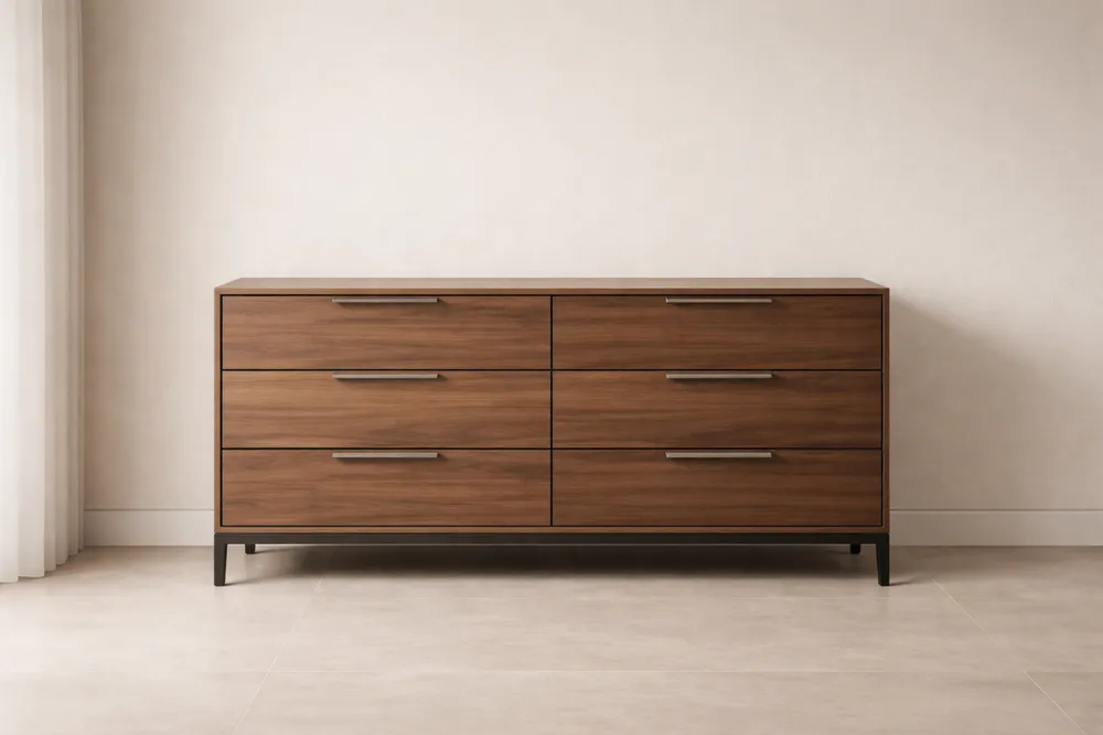 Commode en bois MDF 6 tiroirs métal Marron