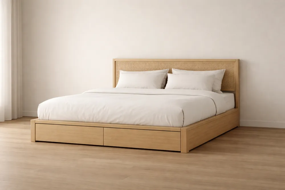 Lit double en chêne avec tête de lit en rotin et rangements