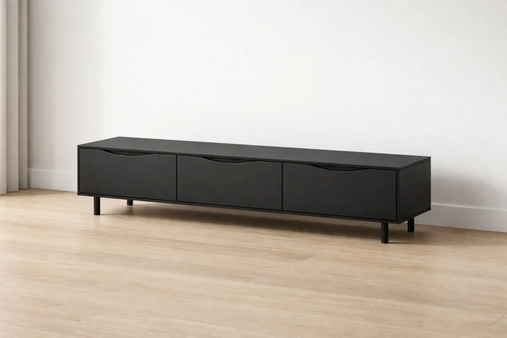 Meuble TV MDF noir avec tiroirs et pieds en acier 180x40x30cm