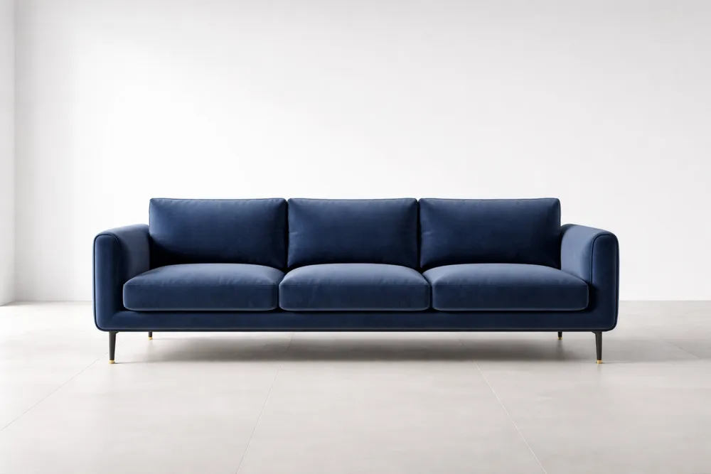 Canapé 3 Places Velours Bleu Pieds Métal