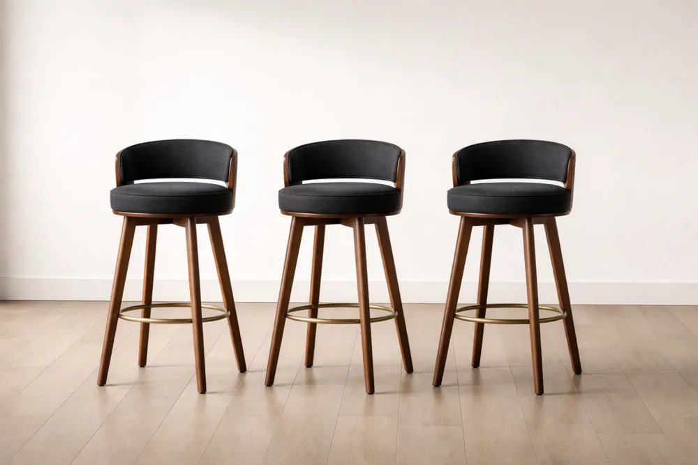 Ensemble de 3 Tabourets de Bar en Bois et Tissu Noir