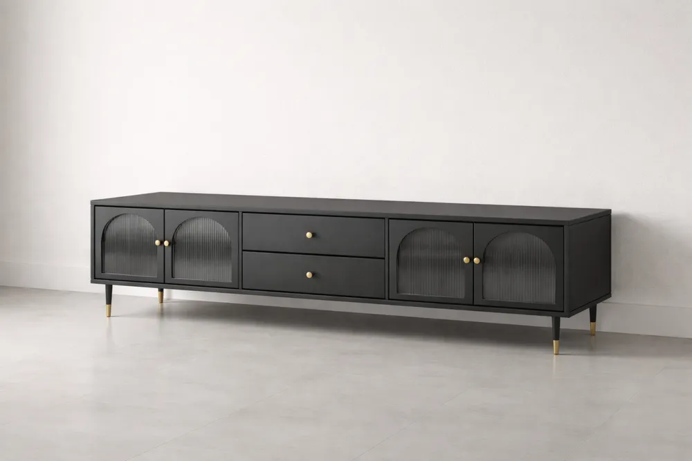 Meuble TV en Bois Noir avec Portes en Verre et Tiroirs