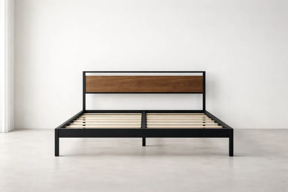 Cadre de lit double en métal et bois avec structure en acier, 140 x 200×100 cm