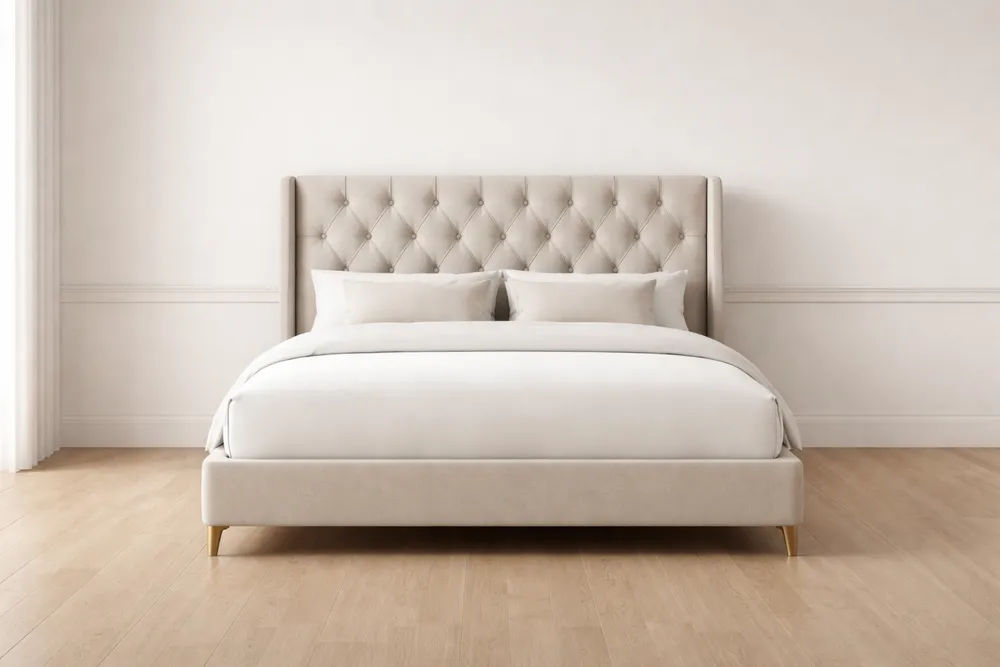 Lit double en bois avec tête de lit capitonnée en polyester et pieds en métal 200x160×120 cm