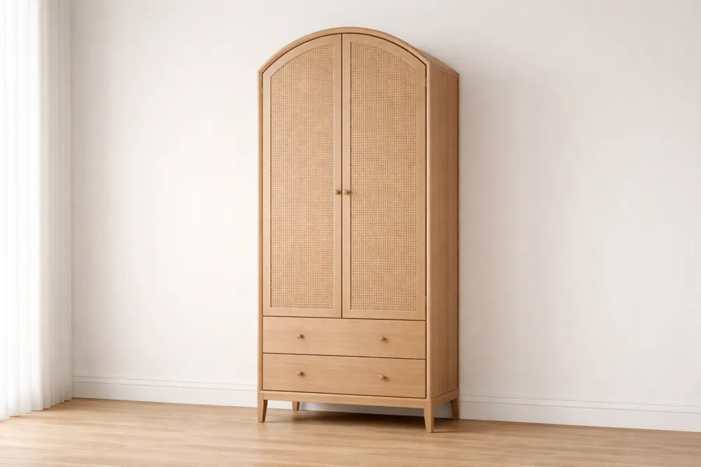 Armoire en Bois avec Portes en Rotin Tressé