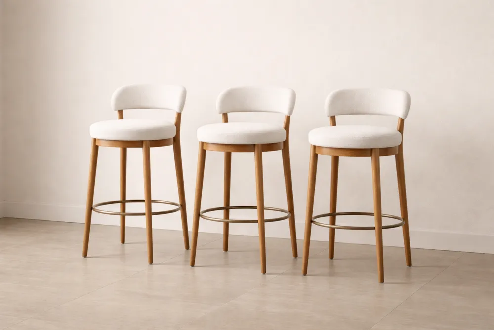 Tabouret de Bar en Bois Massif et Tissu Blanc Ensemble de 3