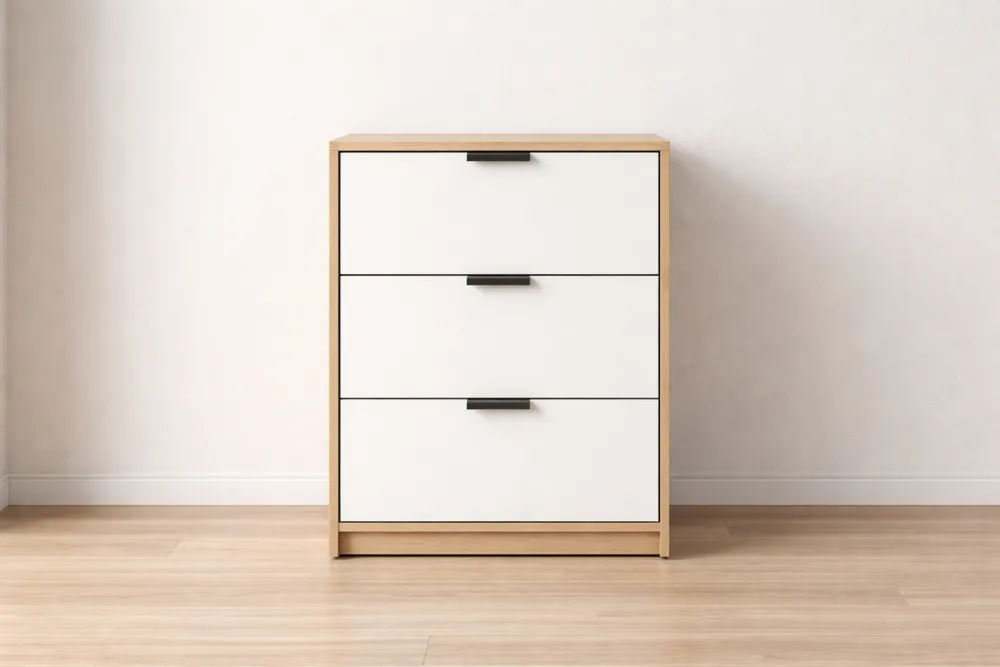 Commode 3 tiroirs en panneau de particules Blanc et Bois