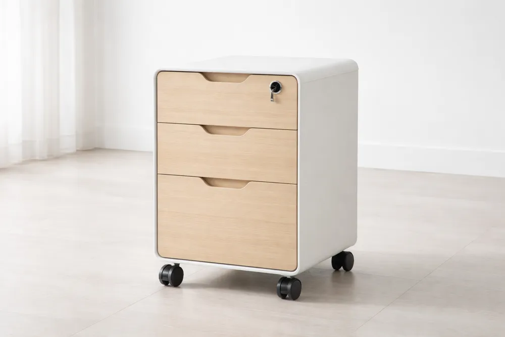 Caisson de bureau à roulettes 3 tiroirs en bois et métal blanc