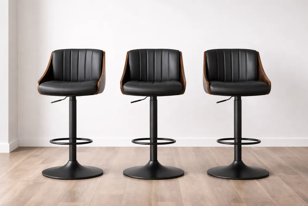 Lot de 3 Tabourets de Bar en Métal et Cuir PU Noir et Marron Réglable