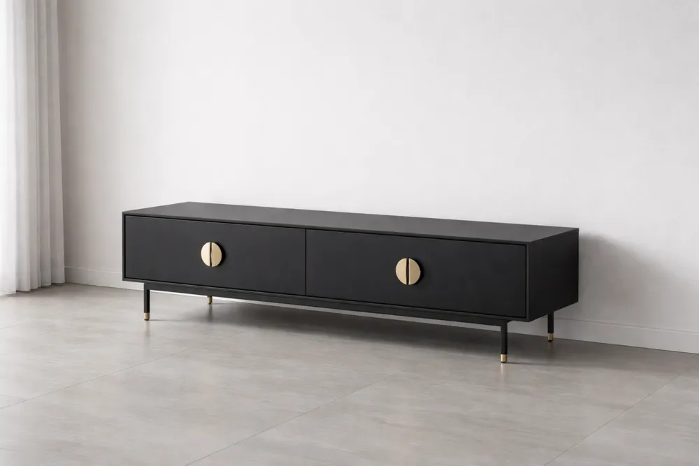 Meuble TV en Bois MDF et Métal Noir avec Portes et Poignées Dorées 180x40x45cm