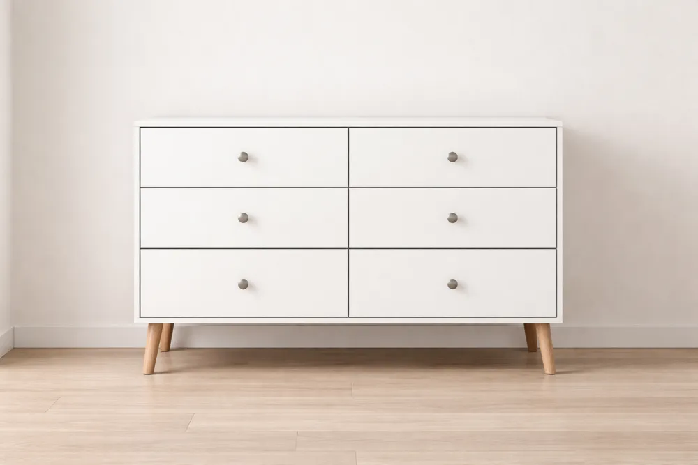 Commode 6 tiroirs en MDF et Bois Blanc
