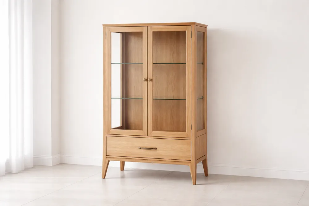 Vitrine en chêne avec portes en verre trempé et tiroir