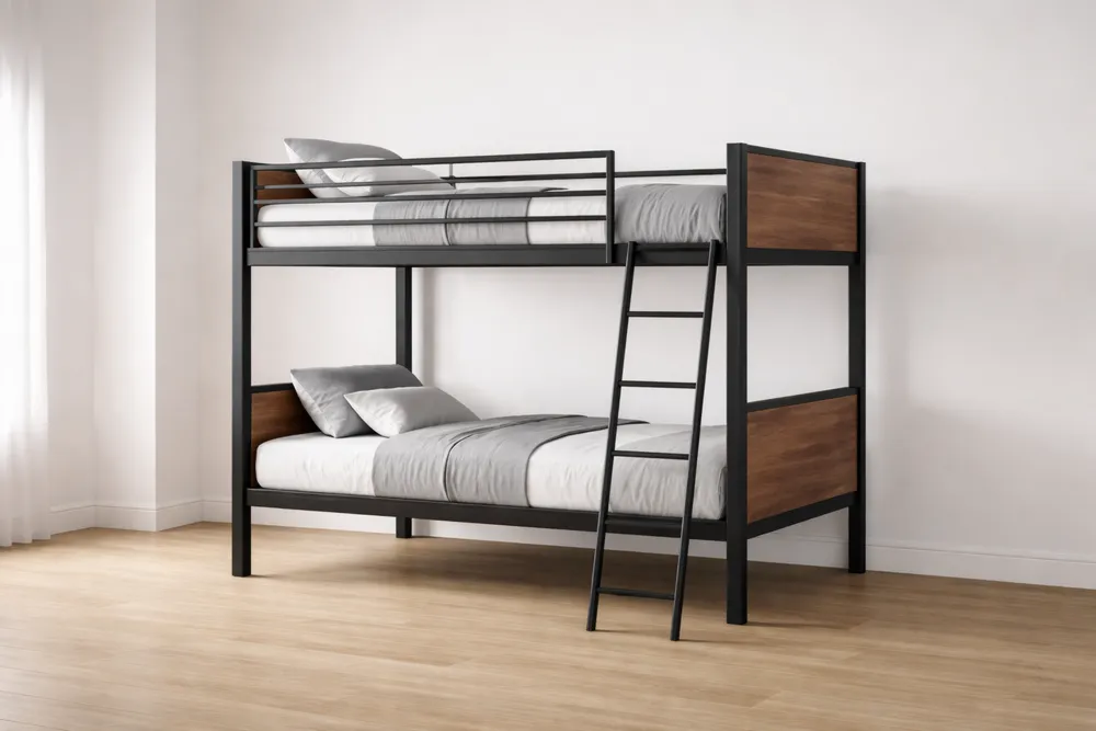 Lit superposé en métal et bois Noir/Noyer