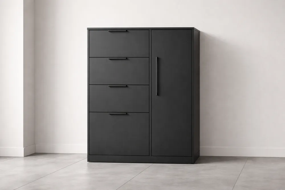 Armoire à Tiroirs en Bois Noir Mat avec Porte