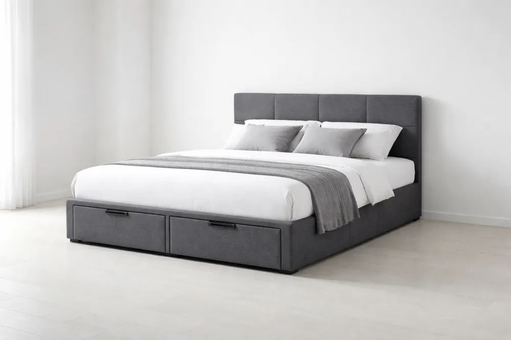 Lit double avec rangement tissu polyester gris