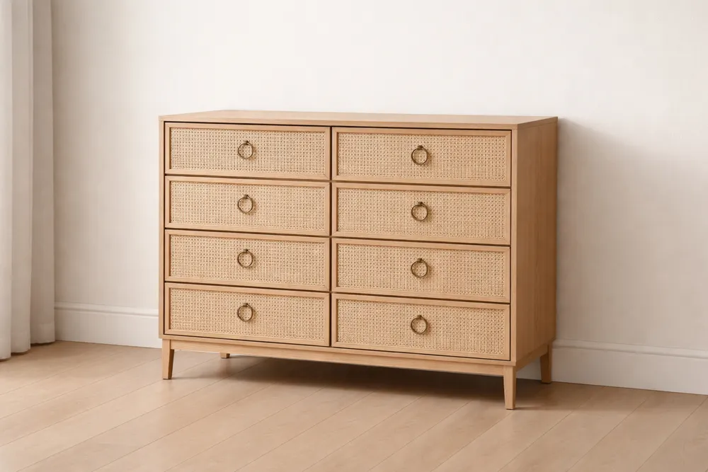 Commode en bois de chêne et rotin avec 8 tiroirs