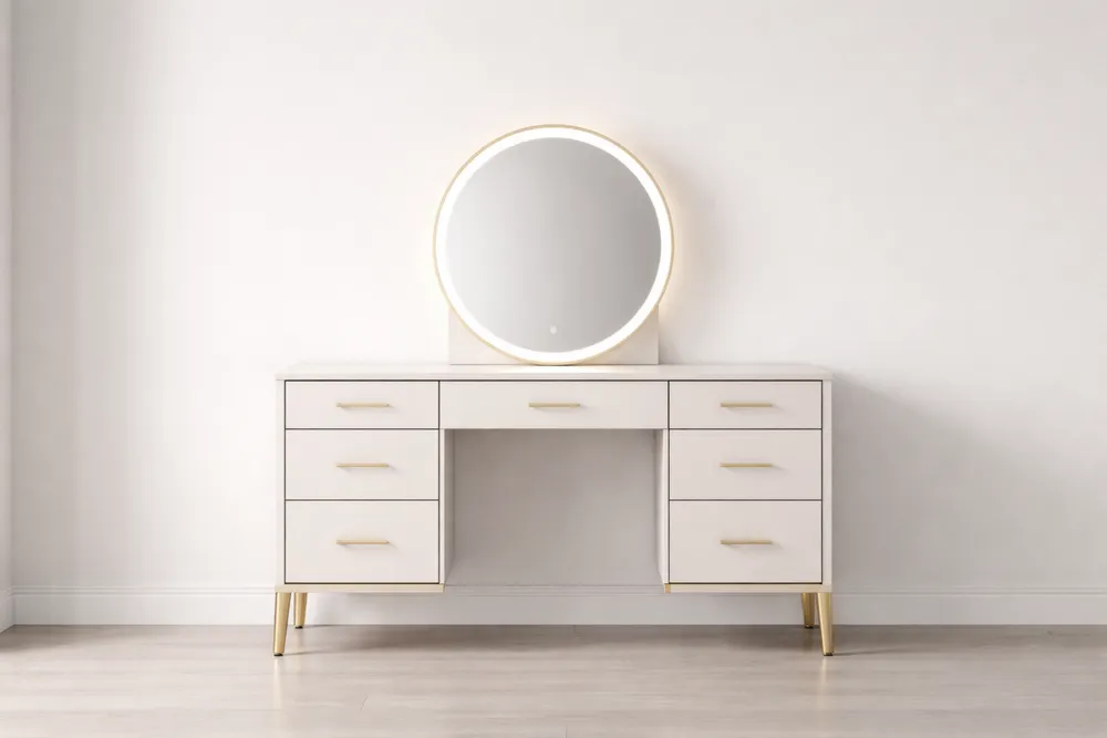 Coiffeuse avec miroir rond LED en bois MDF et métal Blanc et Or