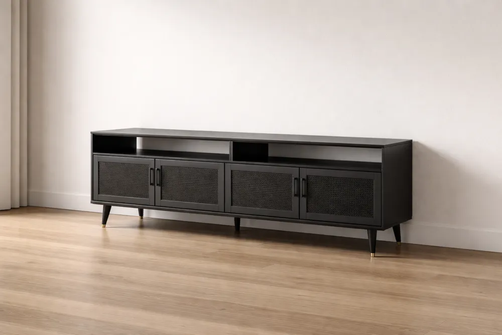 Meuble TV en bois MDF noir avec portes en cannage