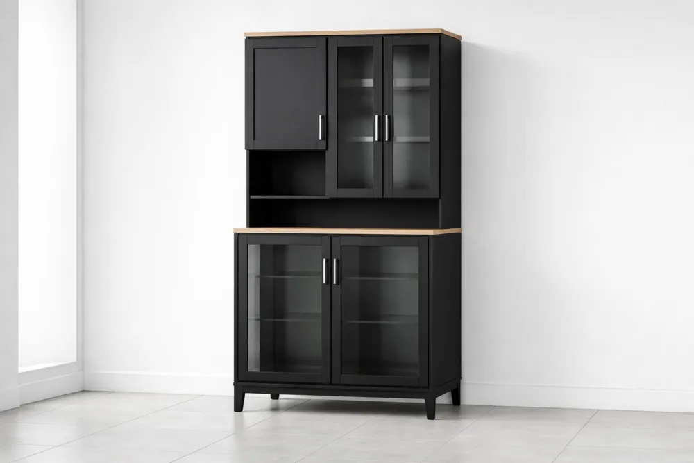 Buffet haut en bois et verre noir 190x80x40 cm