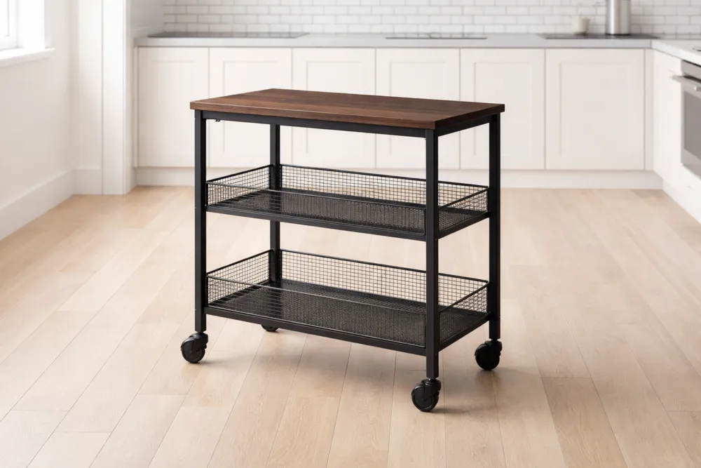 Tablette Roulante en Métal avec Étagères en Acier et Plateau en Bois