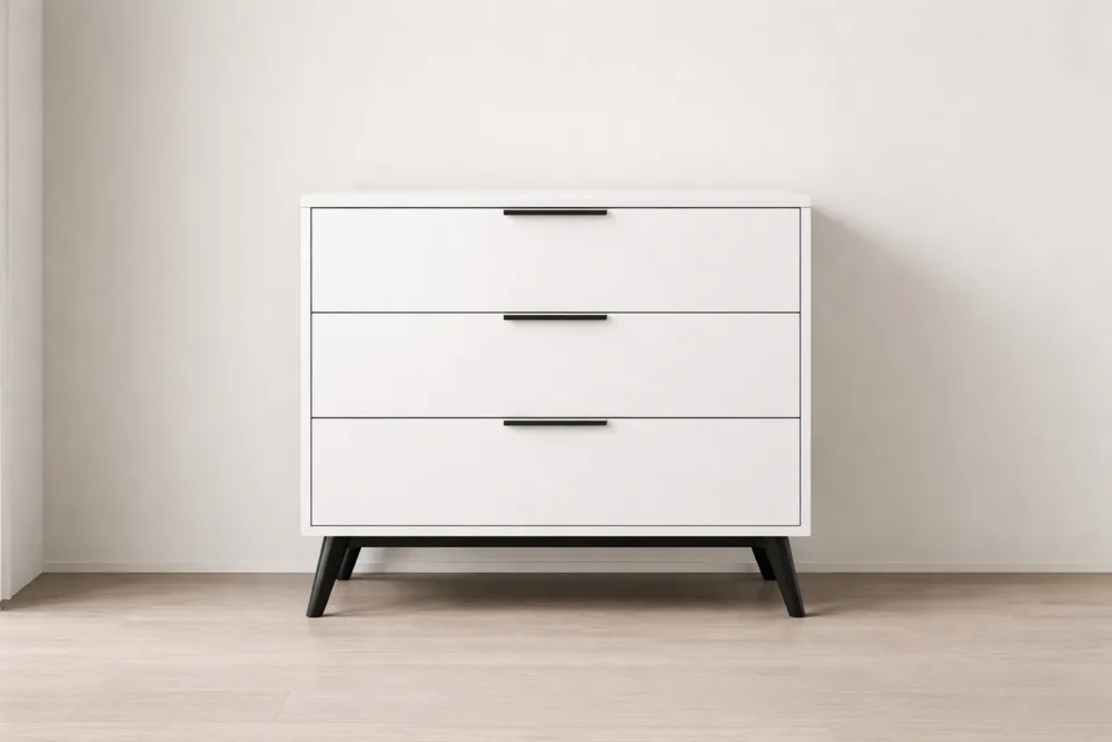 Commode 3 Tiroirs MDF Blanc et Métal