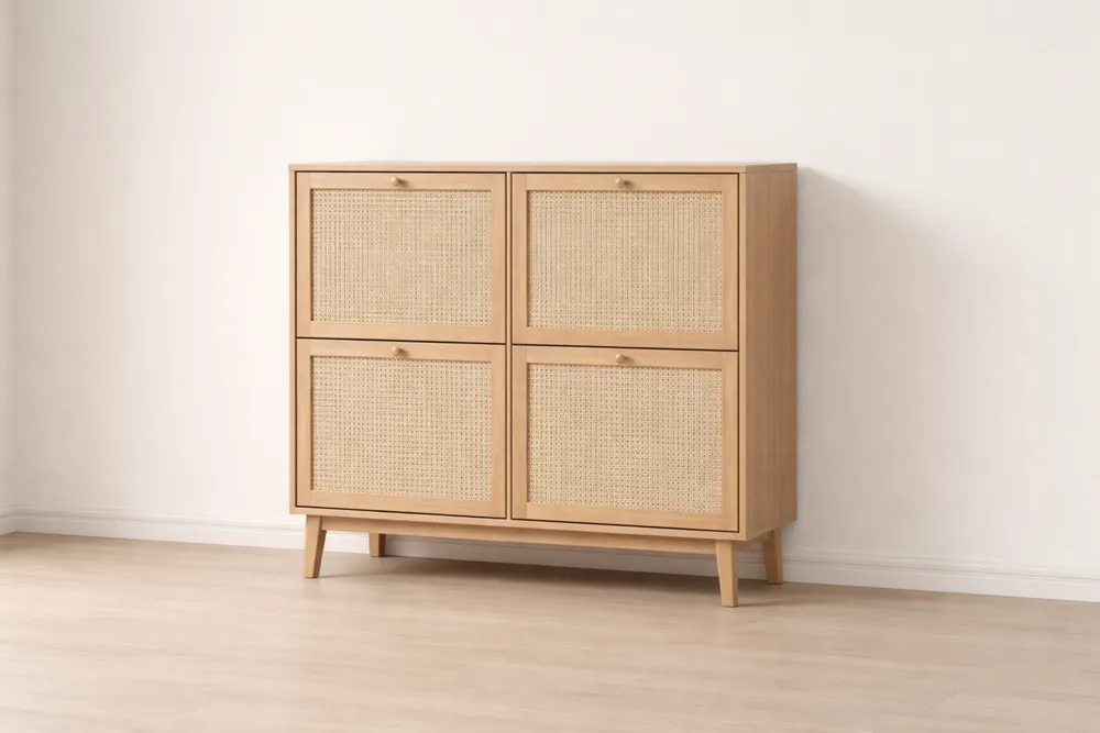 Buffet en Bois avec Portes en Rotin Tressé 80x30x100 cm