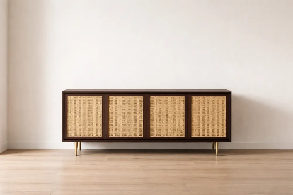 Buffet en bois foncé avec portes en rotin tressé