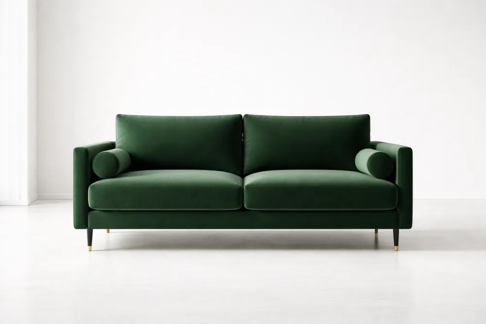 Canapé en velours vert avec accoudoirs et coussins