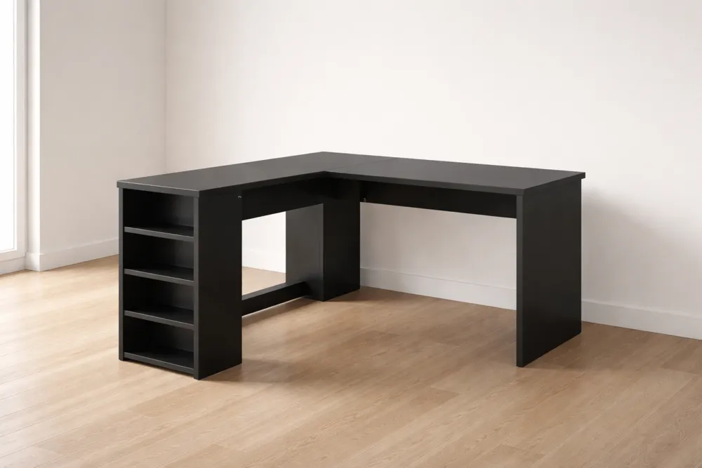 Bureau d'angle en bois MDF Noir avec étagères 140x130x75 cm