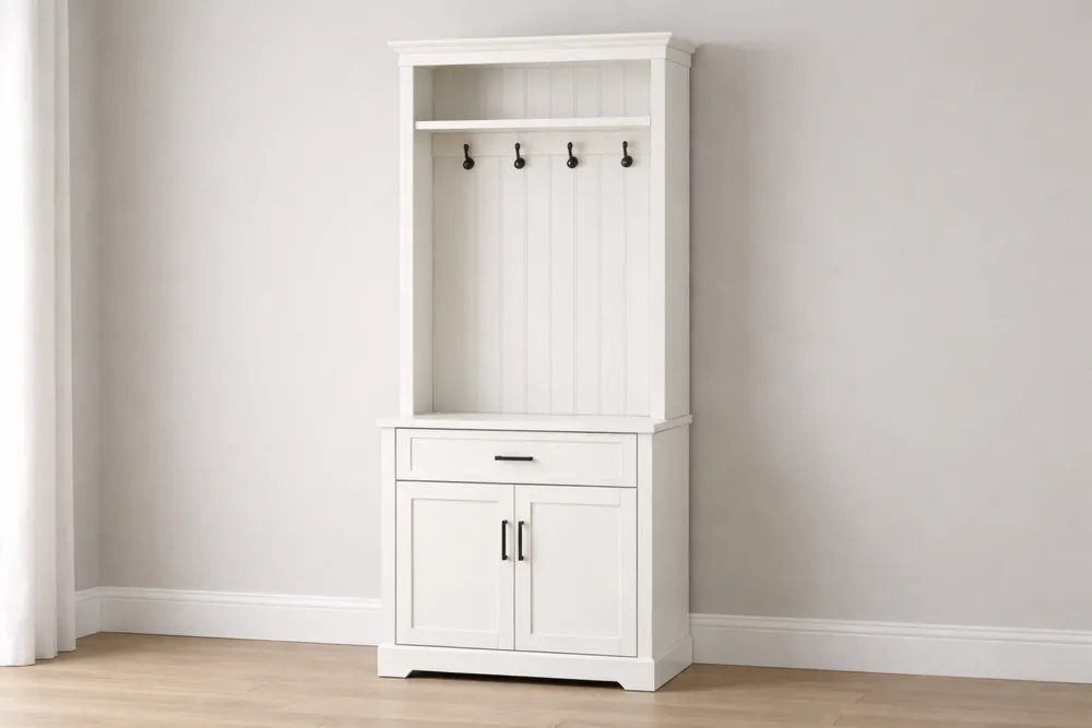 Meuble d'entrée en bois MDF blanc avec crochets et tiroir