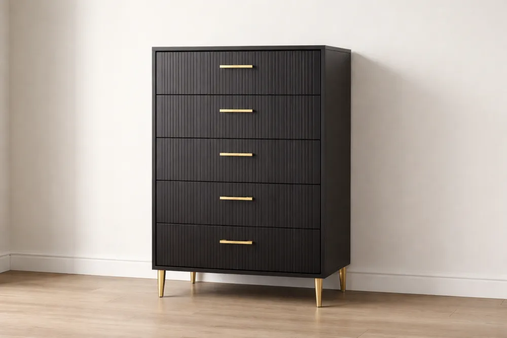 Commode 5 tiroirs bois noir avec pieds dorés