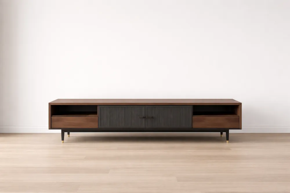 Meuble TV en bois avec compartiments ouverts