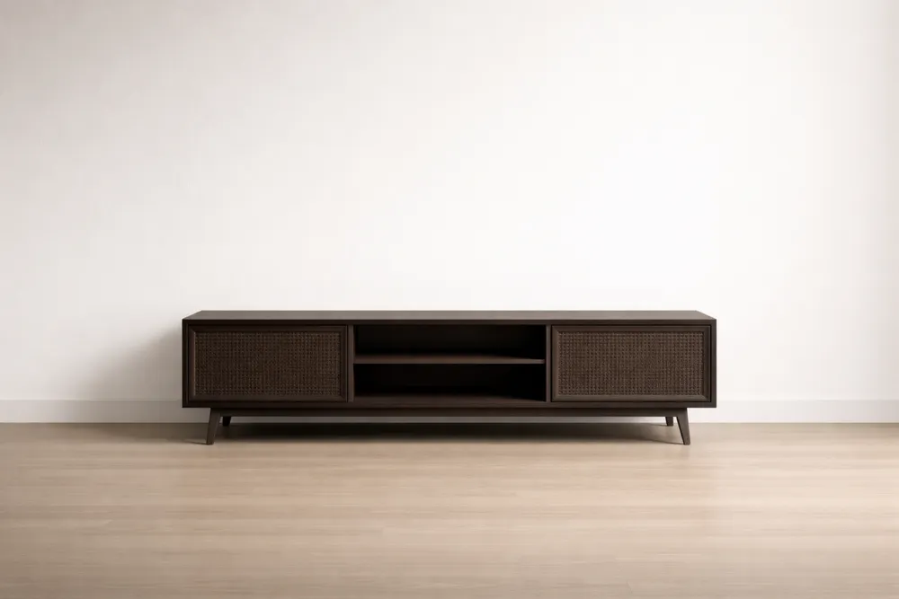 Meuble TV en bois de chêne et rotin marron