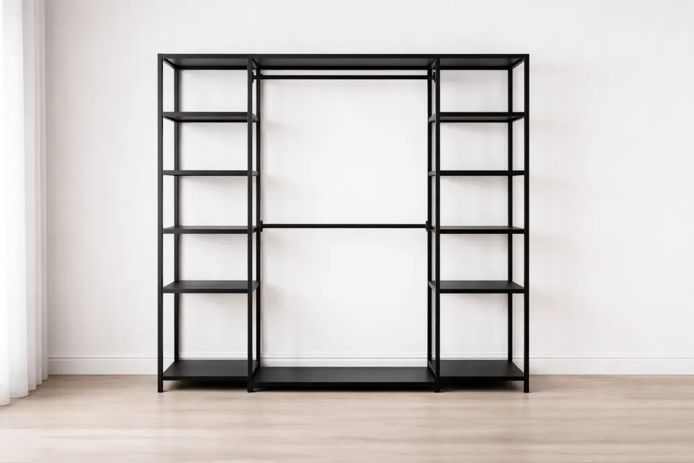 Penderie ouverte en métal noir avec étagères et tringle 210x180x40cm