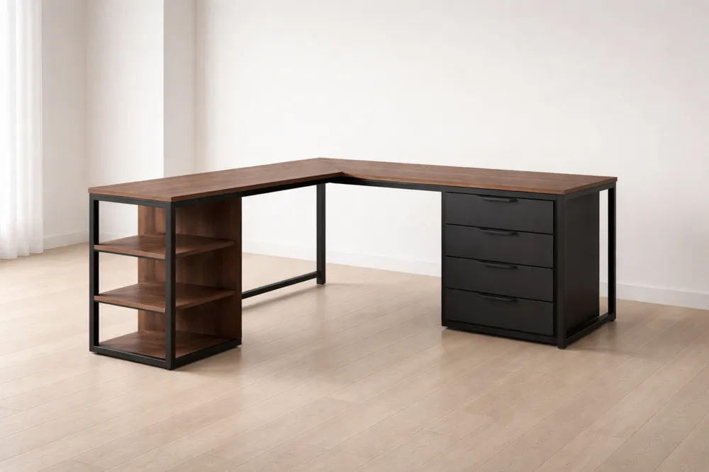 Bureau d'angle en bois et métal avec tiroirs et étagères