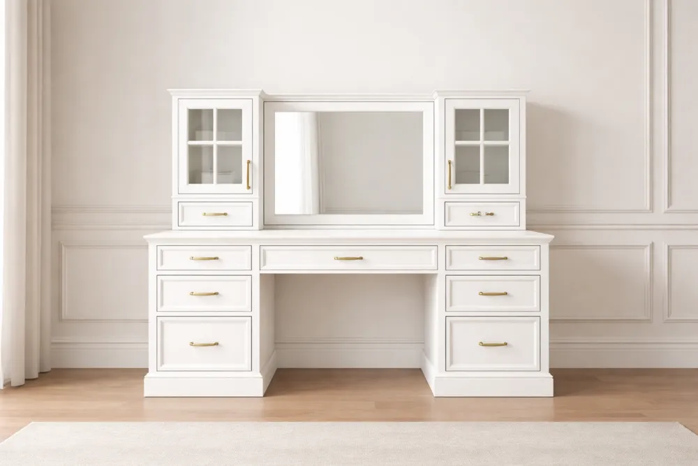 Coiffeuse Bois avec Miroir et Rangement en Verre Trempé Blanc