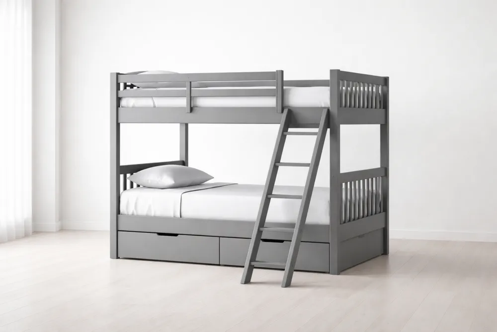 Lit superposé en bois massif gris avec rangement et échelle