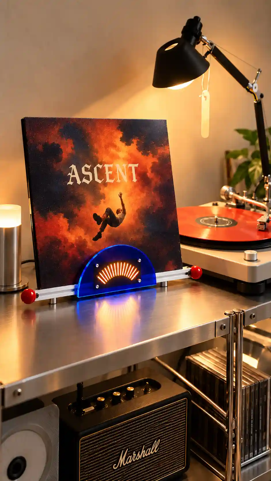 ALULUME Now Playing vinyl display beside a turntable