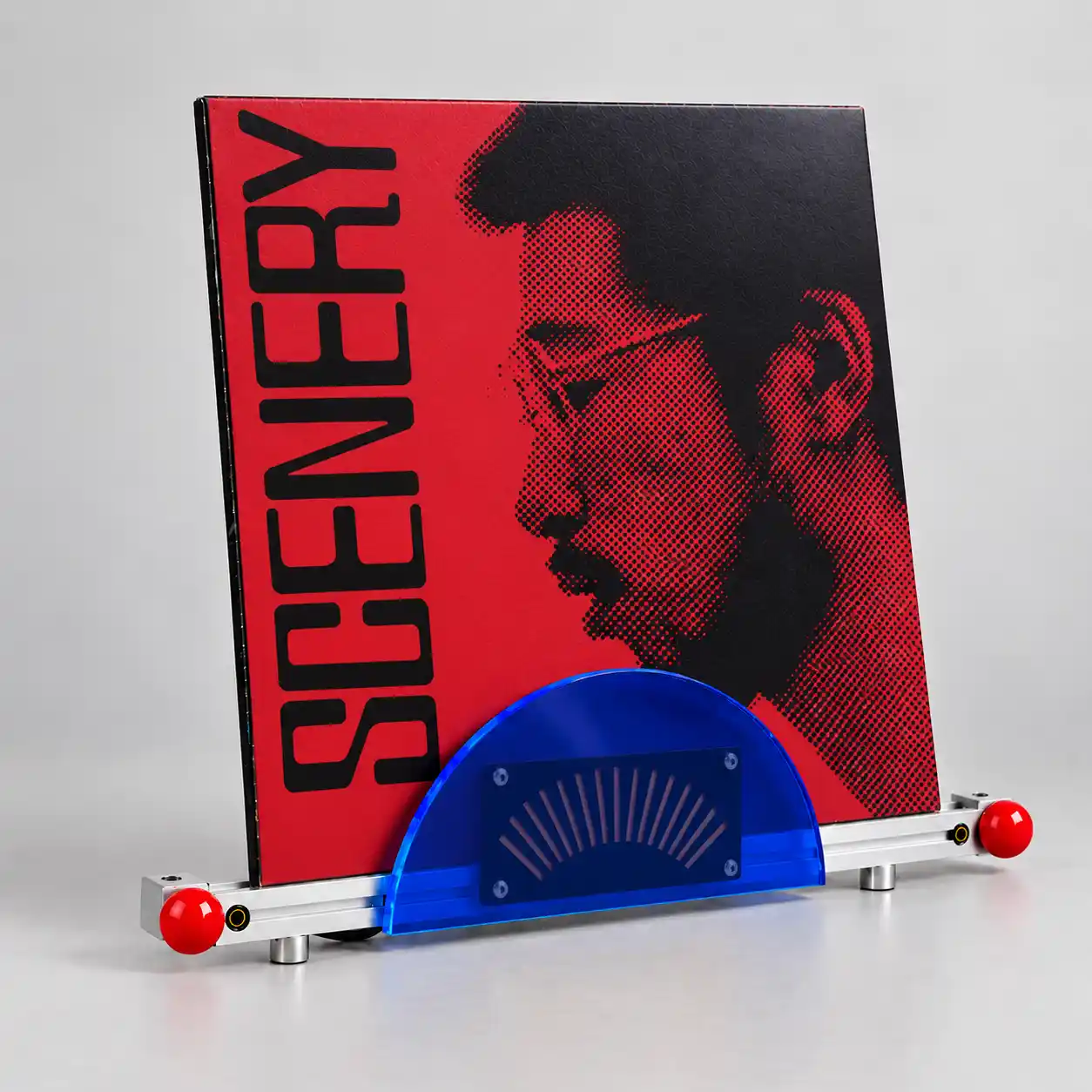 A 12-inch record sleeve inserted into the aluminum display slot