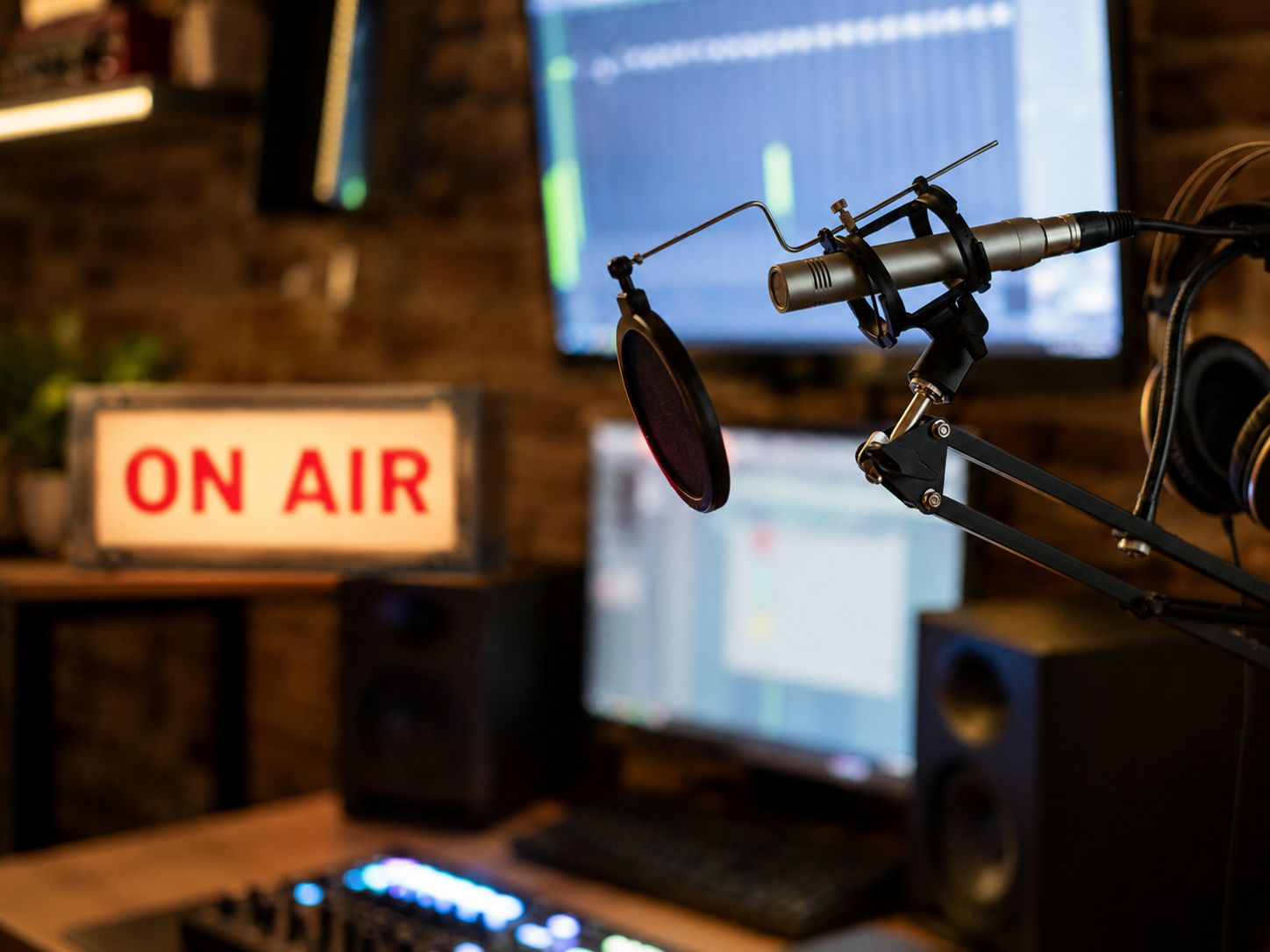 A quiet home studio with the ON AIR sign lit