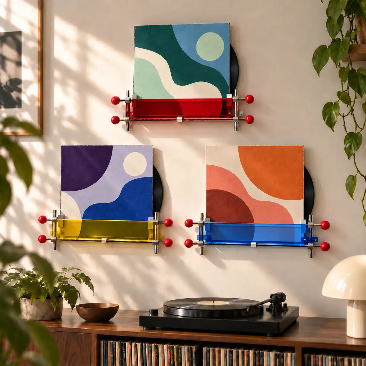 Three colorful VINYL AXIS shelves arranged as a loose triangular composition