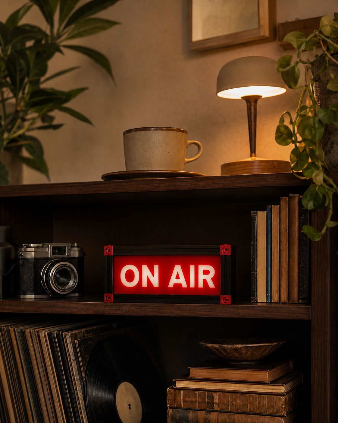 ON AIR sign displayed on a shelf
