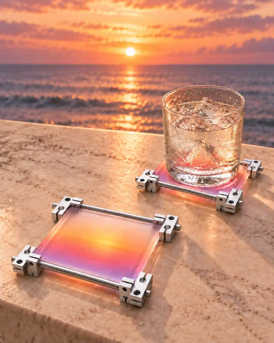 Four Sunset Axis Coasters on a modern light-colored table, with one holding a glass of water
