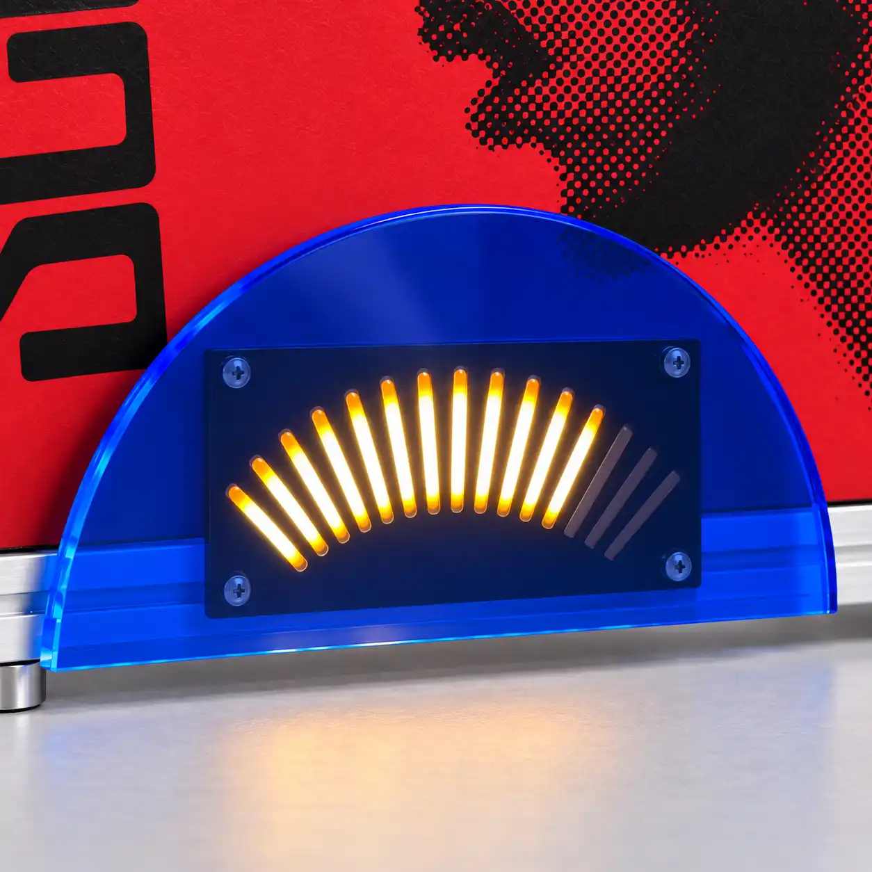Sixteen warm-yellow VU light bars behind blue translucent acrylic