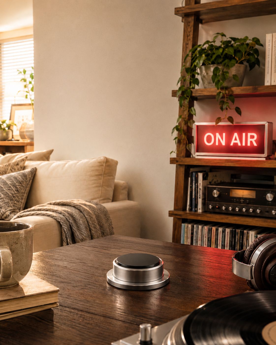A quiet home studio with the ON AIR sign lit