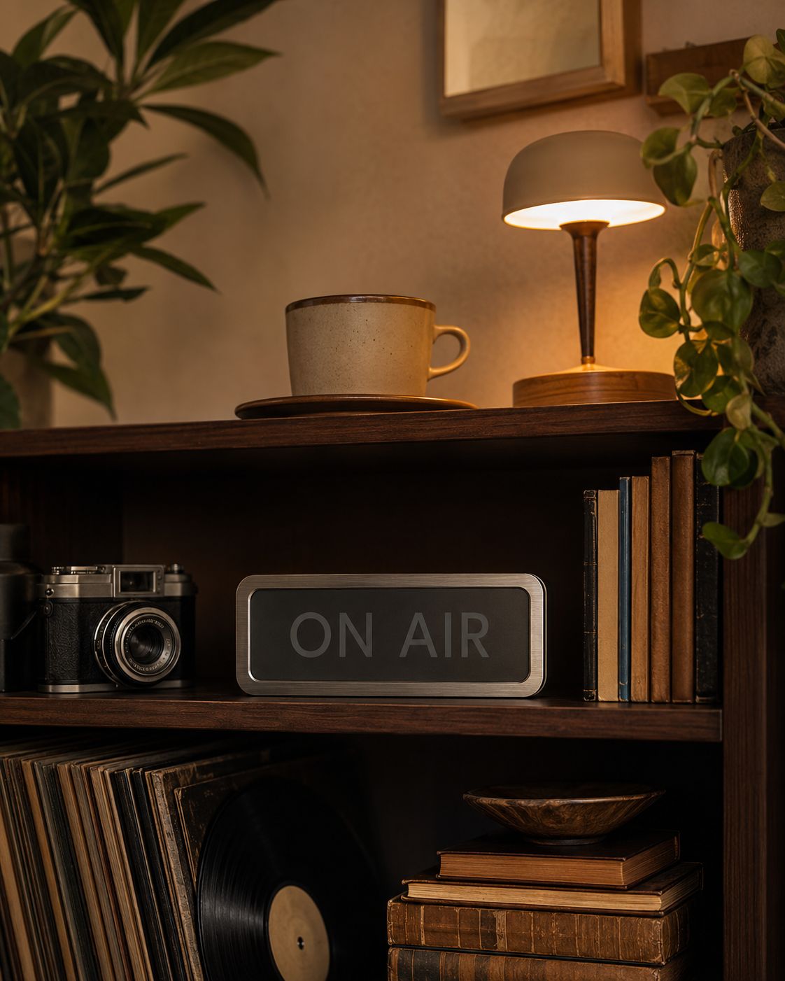 ON AIR sign displayed on a shelf